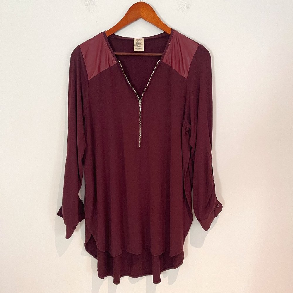 Orange Fashion Village Women Brown 3/4 Roll Tab Sleeve 1/2 Zip Up Top Size S/M